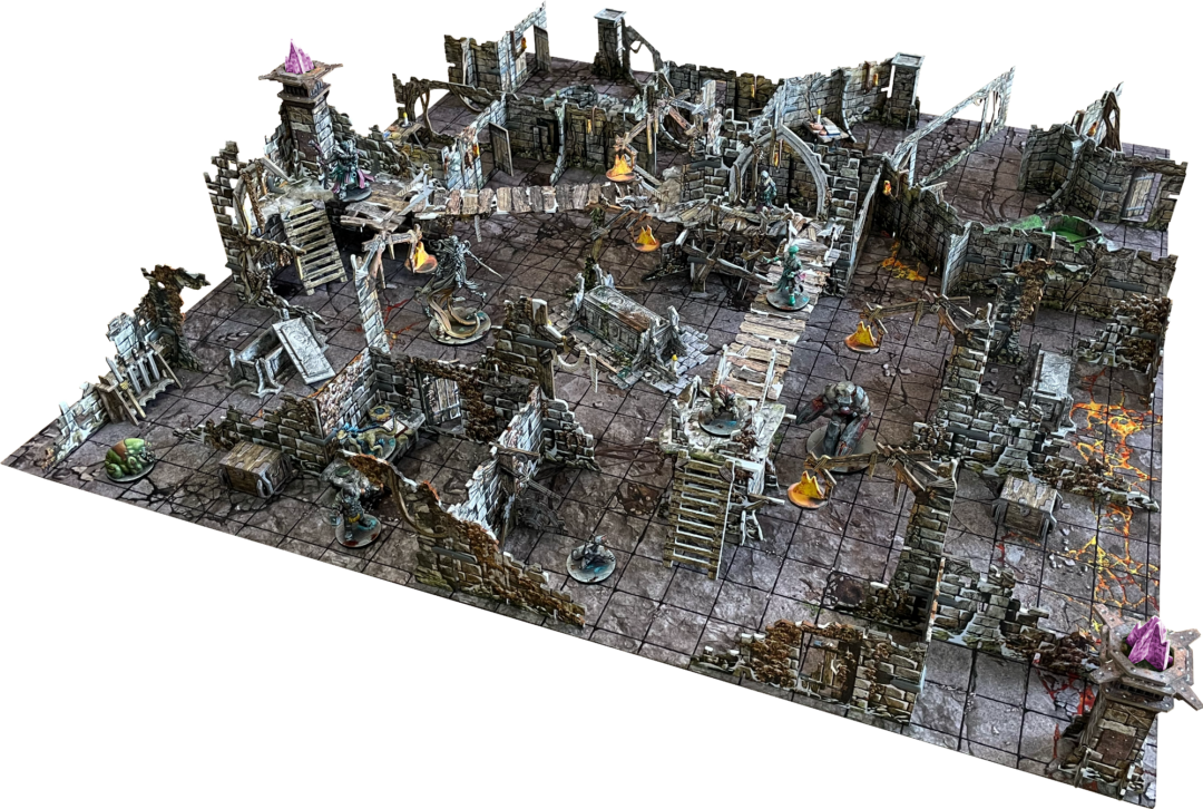 Kriegsruine, Bodenplatten, Miniaturfiguren, Steinmauern, Trümmer