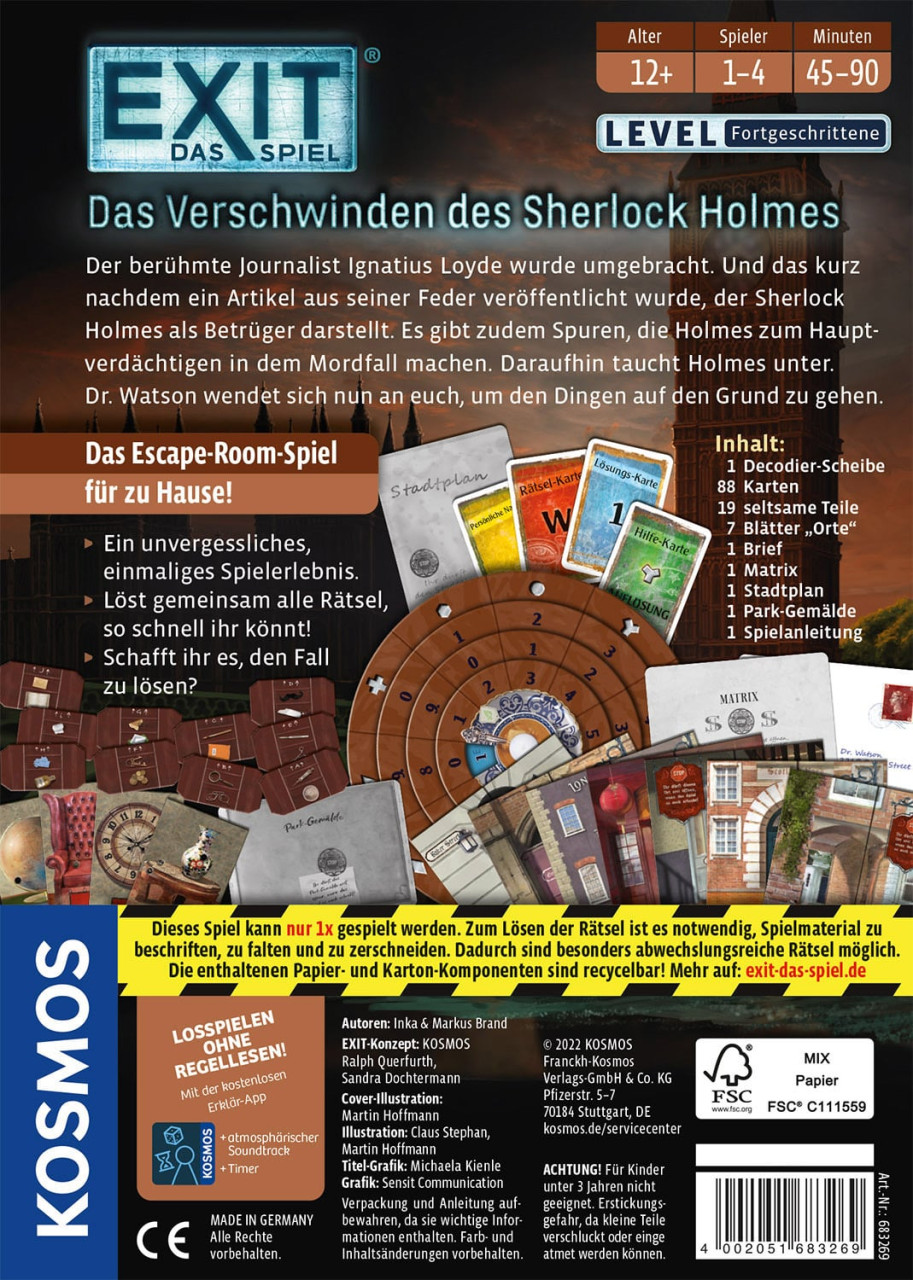 Exit: Das Spiel: Das Verschwinden des Sherlock Holmes Escape-Room-Spiel, Kooperative Spiel, Kartenspiel, Rätselspiel, Thema Sherlock Holmes