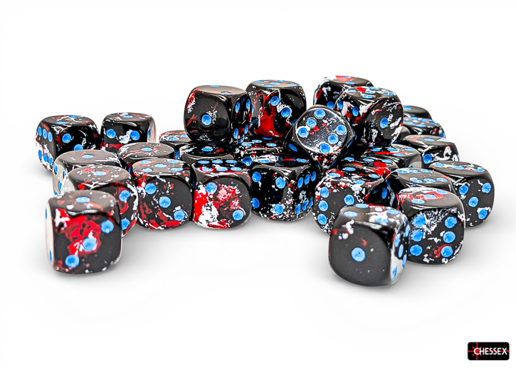 gaming dice, dice set, polyhedral dice, black dice, blue red white