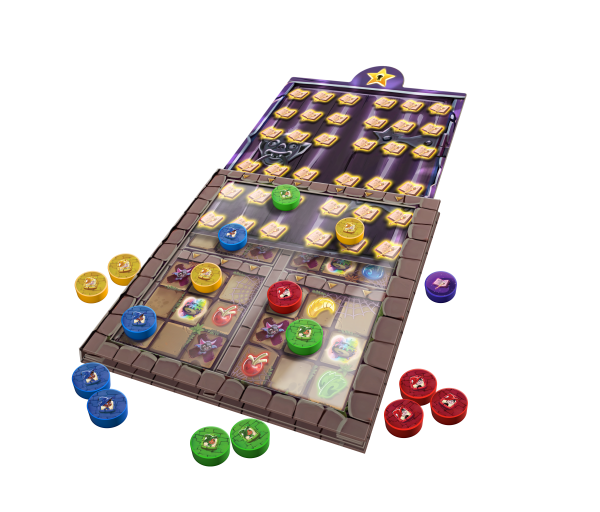 Brettspiel, Spielbrett, Spielmarken, Würfel, Plättchen
