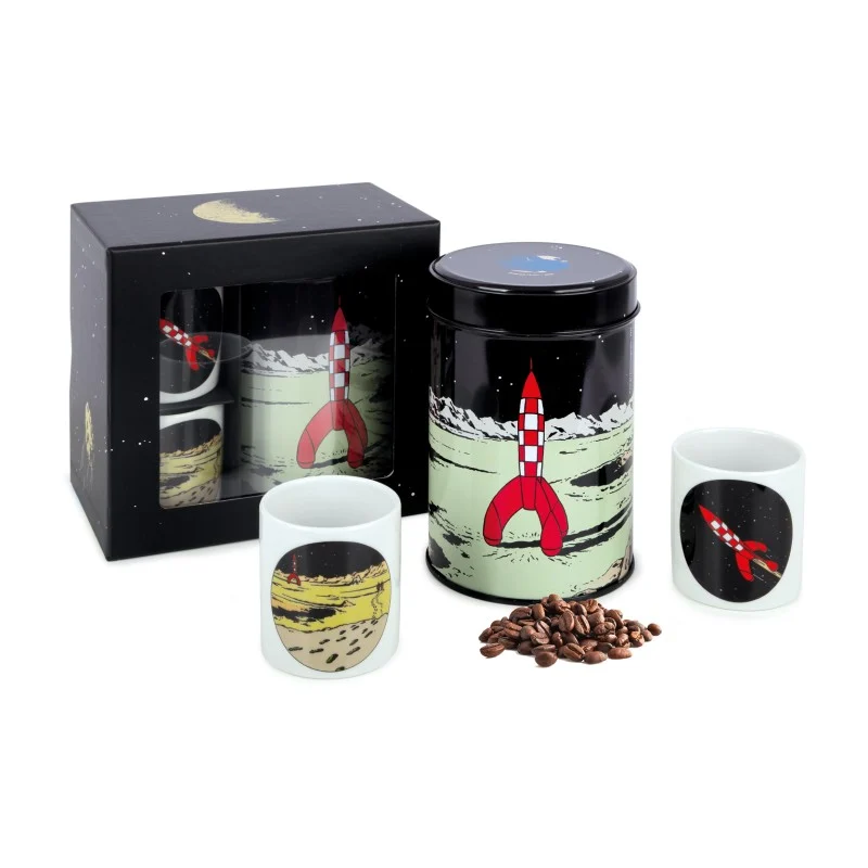 Tim & Struppi: Kaffeeset Mond 2 Espressotassen + 220g Kaffee in Blechdose Tim & Struppi: Kaffeeset Mond 2 Espressotassen + 220g Kaffee in Blechdose