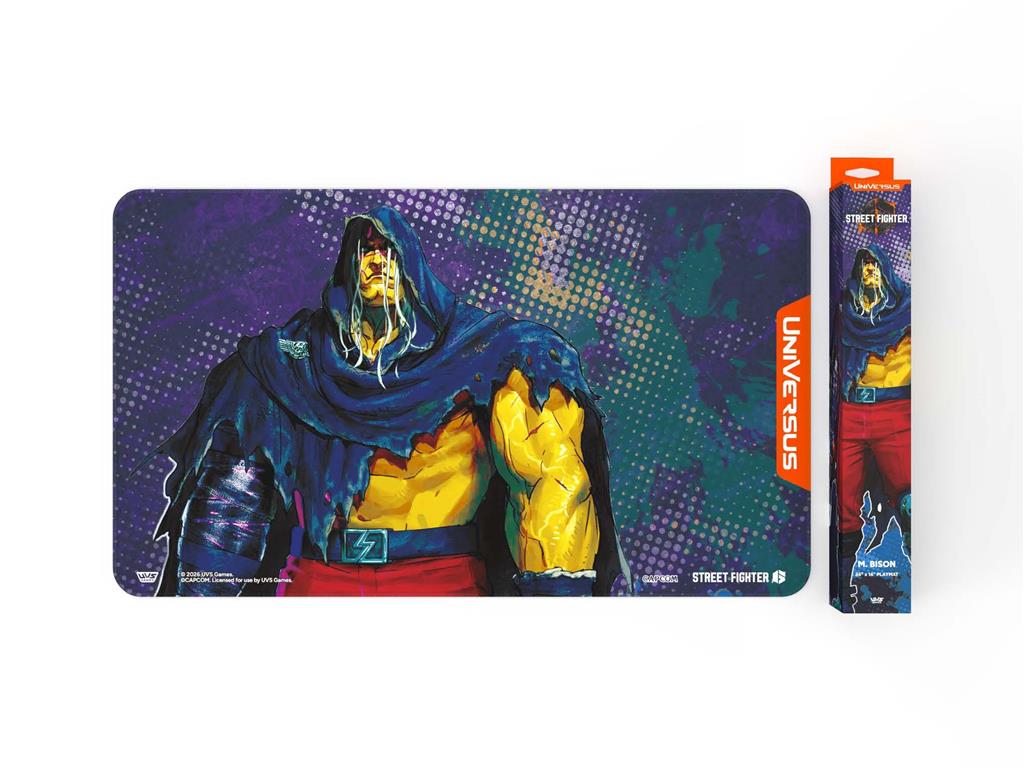 Universus CCG: Playmat Street Fighter "M.Bison" Street Fighter, Hooded figure, Purple background, Yellow skin, Red pants