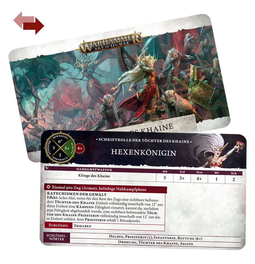 Age of Sigmar: Warscroll Cards - Daughters of Khaine dt. Hexenkönigin, Wargame-Karten, Spielkarten, Karten-Label, Gewaltkampfwerkzeug