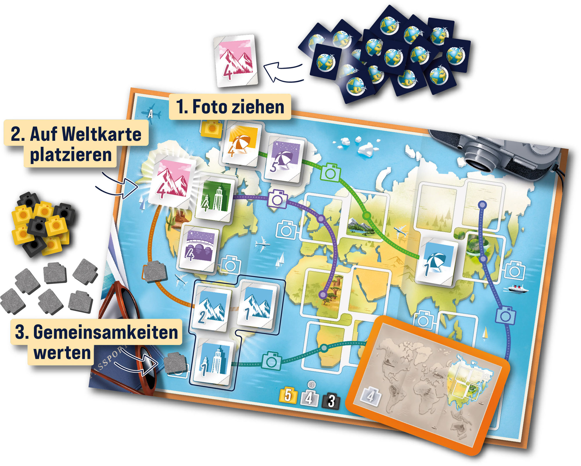 Weltkarte, Reisespiel, Spielbrett, Kartenstapel, Fotothema