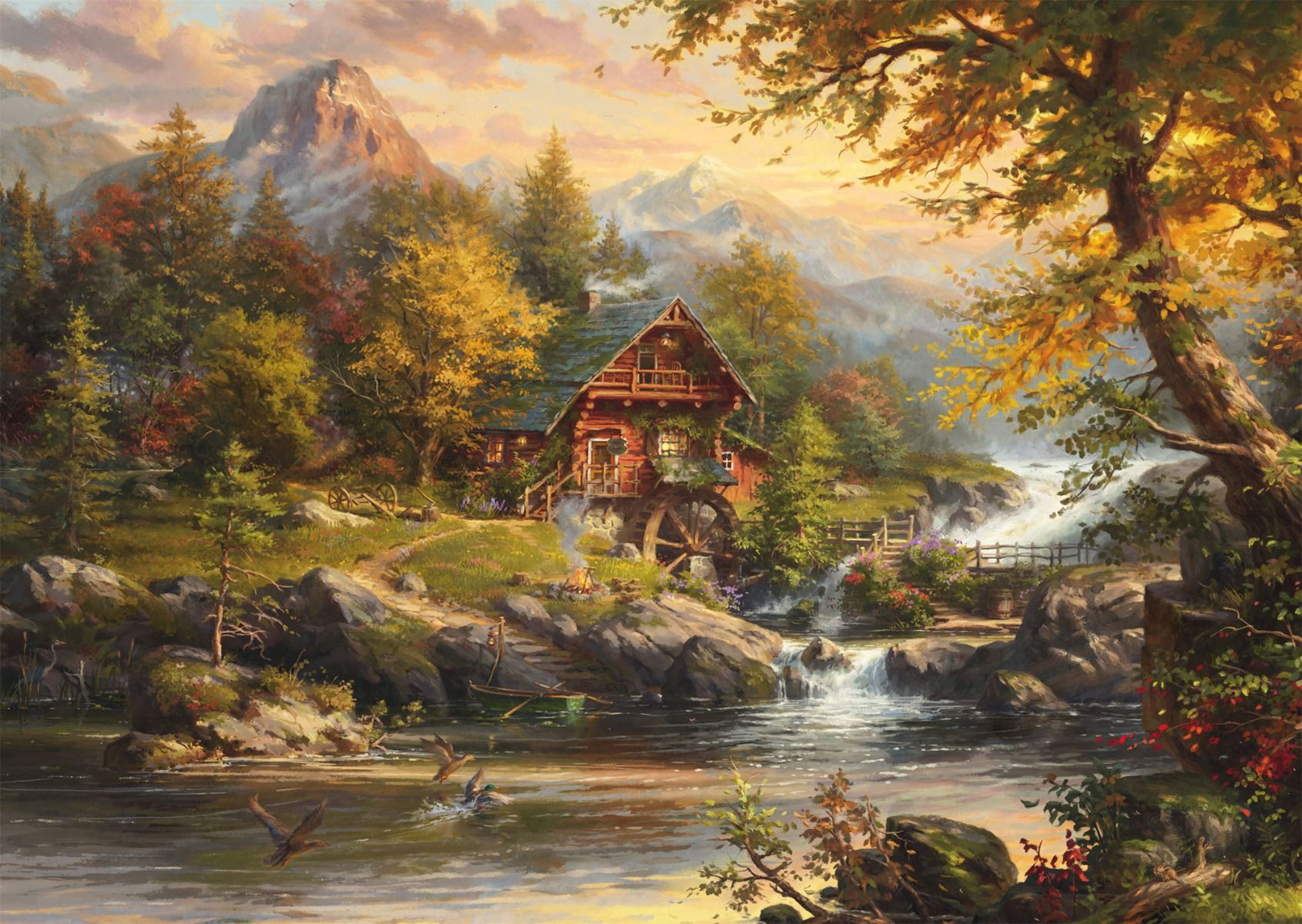 Landschaft, Hütte, Wassermühle, Wasserfall, Herbst
