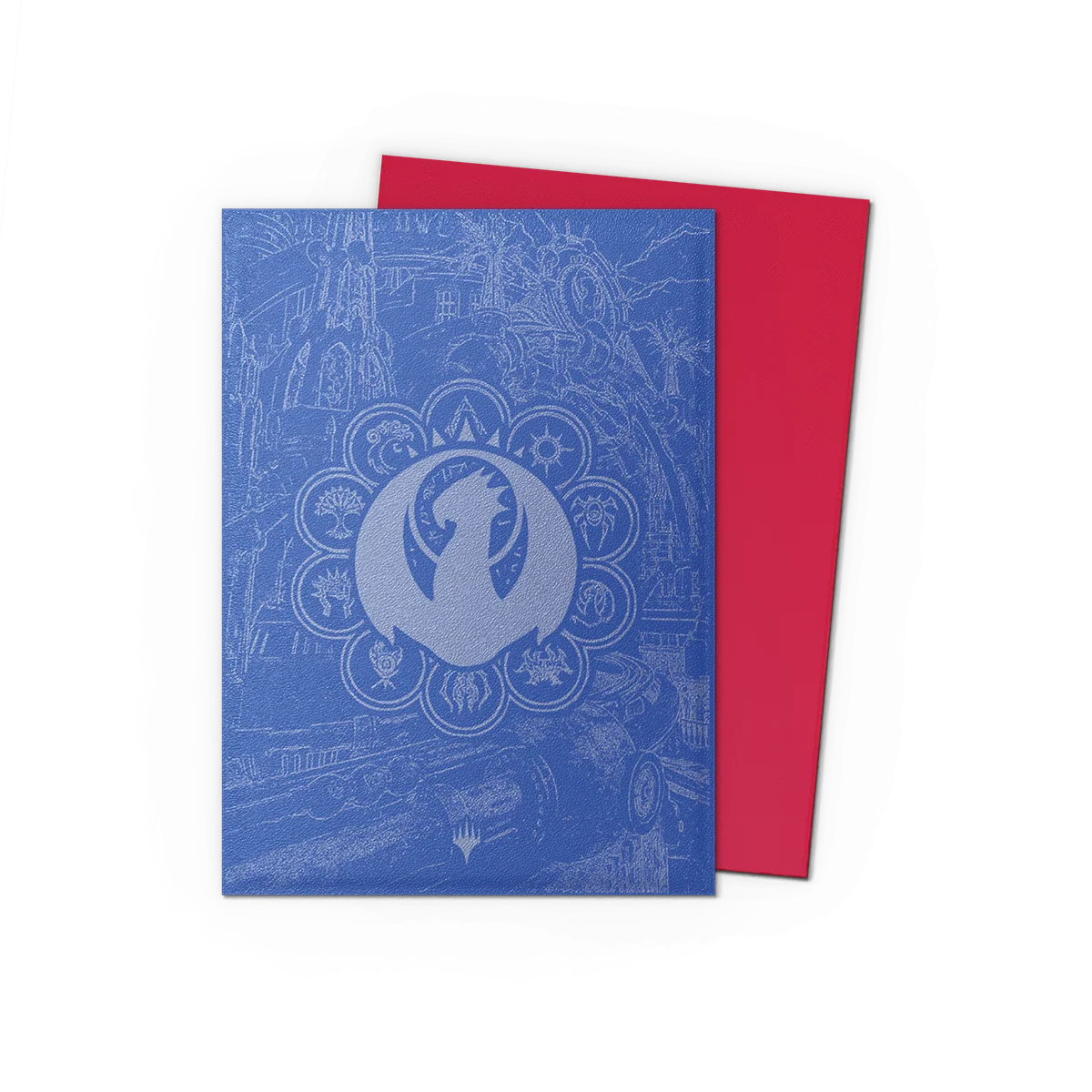 notebook, blue cover, eingraviertes design, kreisförmiges muster, roter hintergrund