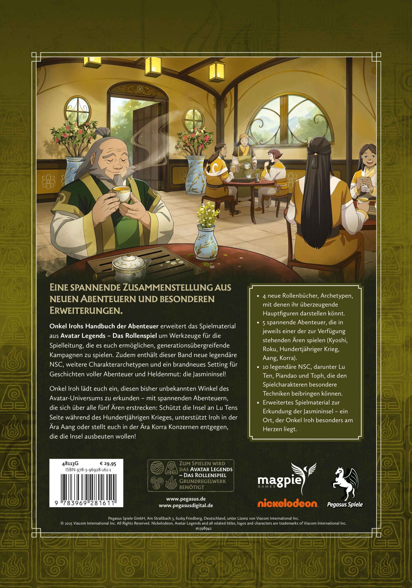 Avatar Legends RSP: Onkel Irohs Handbuch der Abenteuer Abenteuer-Brettspiel, Rundtisch-Szene, asiatisch inspiriert, Abenteuer-Setting, Figuren-Charaktere