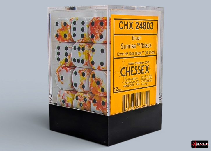 Würfel: 36er-Würfelset "Brush" (Sunrise/black) würfel, würfelset, sechsseitige würfel, würfelblock, orange, schwarze basis, spielzubehör, ausstellungskästchen