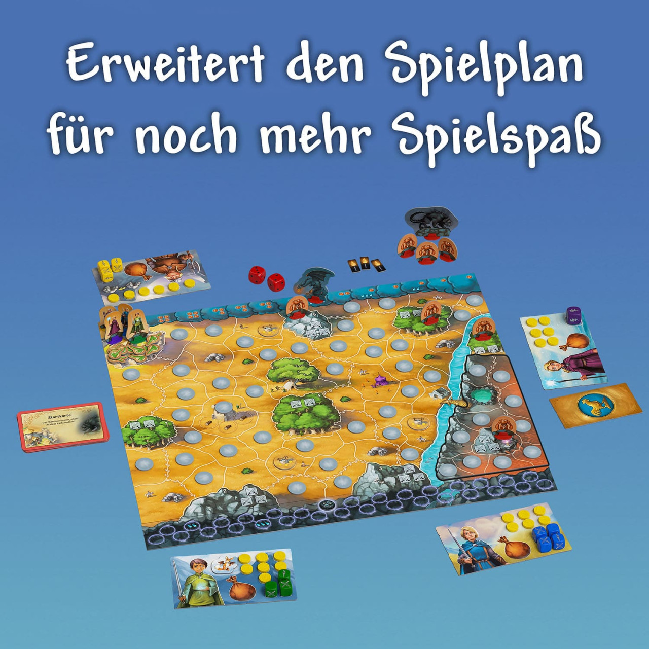 Brettspiel, Spielplan, Holzchips, Rundlinge, Charakterkarten