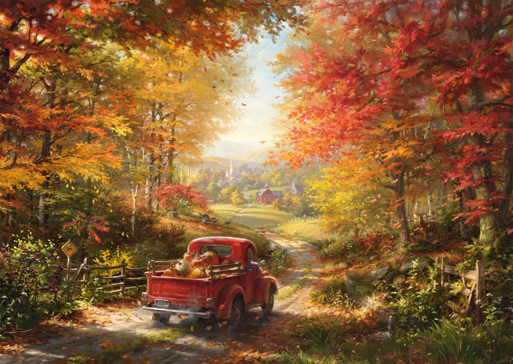 Herbst, Herbstfarben, roter Truck, Landstraße, idyllische Landschaft